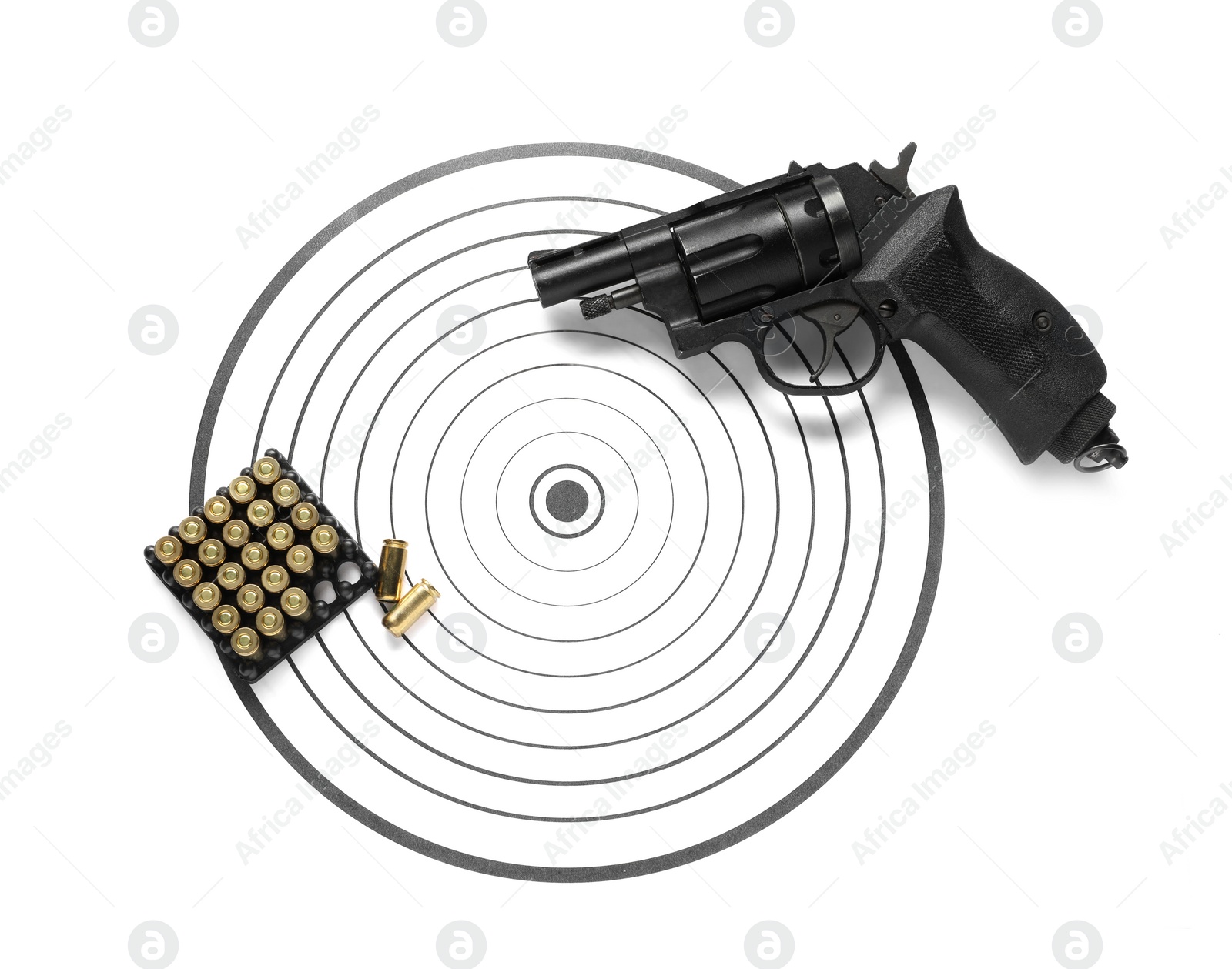 Photo of Shooting target, handgun and bullets isolated on white, top view