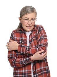 Arthritis symptoms. Woman suffering from pain in elbow on white background