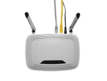 Photo of Modern Wi-Fi router on white background, top view