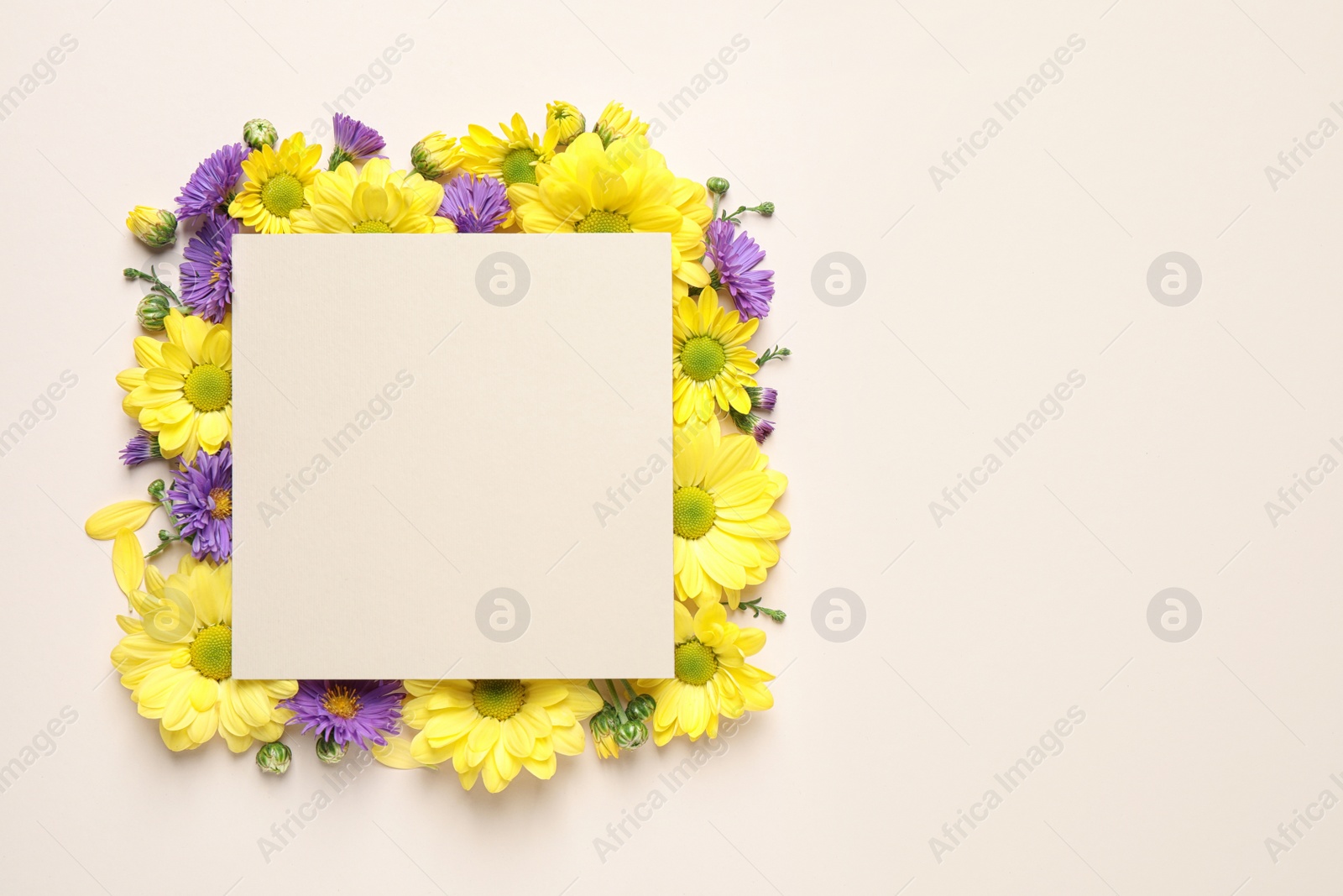 Photo of Beautiful chamomile flowers and paper card on beige background, flat lay with space for text