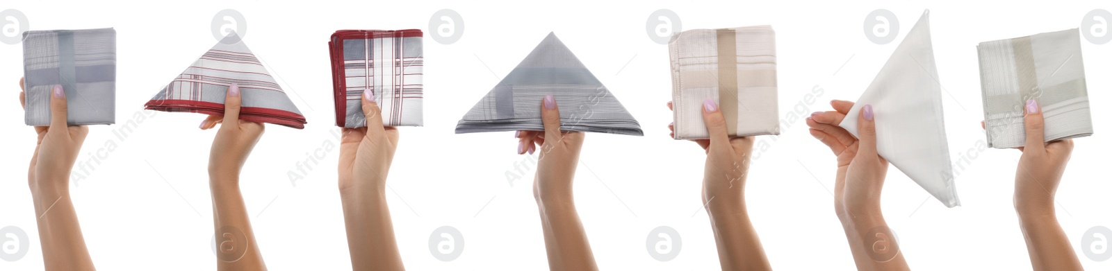 Image of Collage with photos of women holding different handkerchiefs on white background, closeup. Banner design