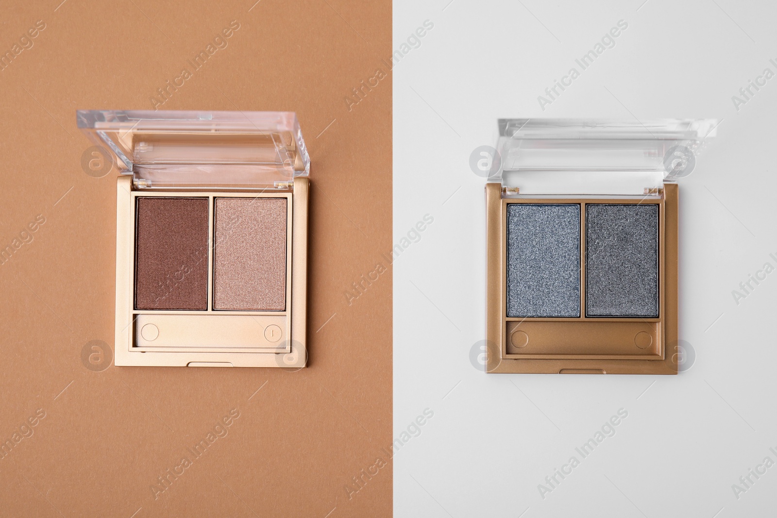 Photo of Eye shadow palettes on colorful background, flat lay