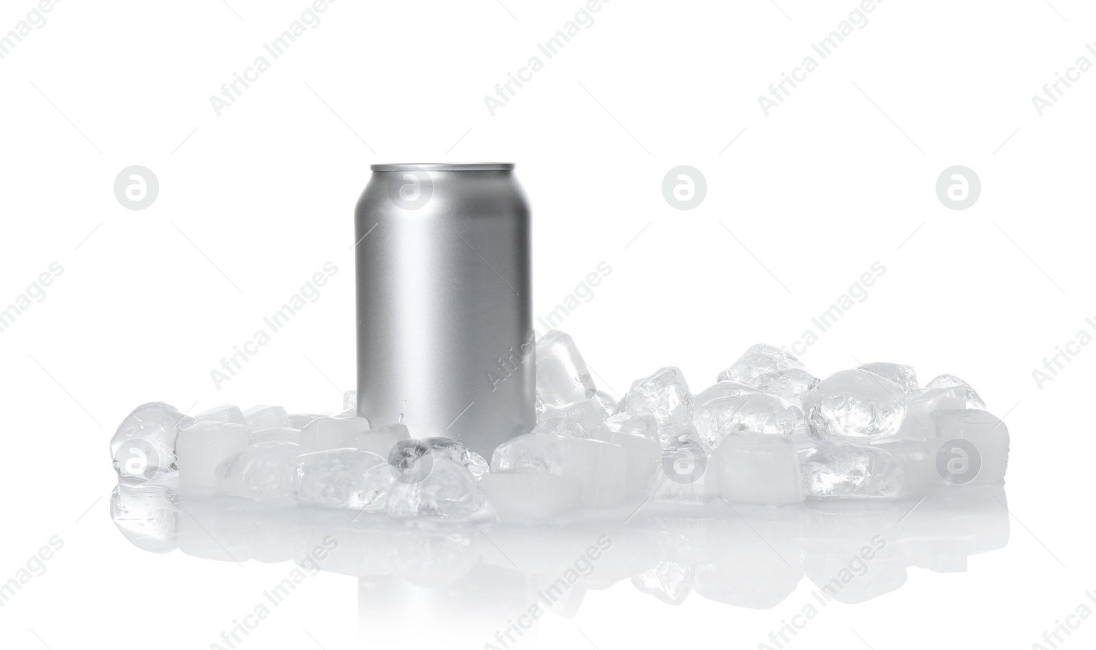 Photo of Tin can and ice cubes on white background