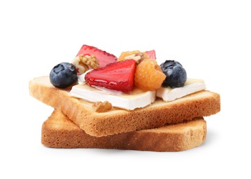 Tasty sandwich with brie cheese, fresh berries and walnuts isolated on white