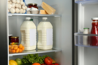 Photo of Gallons of milk and different products in refrigerator, closeup