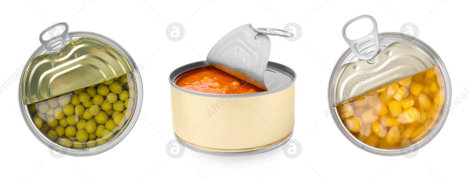 Image of Set of metal cans with different food on white background