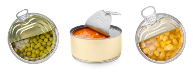 Image of Set of metal cans with different food on white background