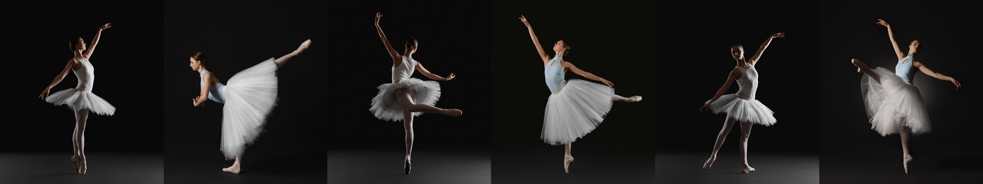 Ballerina practicing dance moves on black background, set of photos