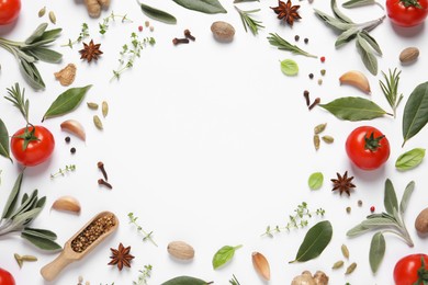 Photo of Different fresh herbs and spices on white background, top view
