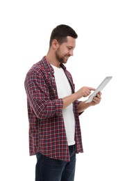 Photo of Happy man using tablet on white background