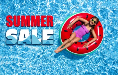 Image of Hot summer sale flyer design. Child with inflatable ring in swimming pool and text, top view