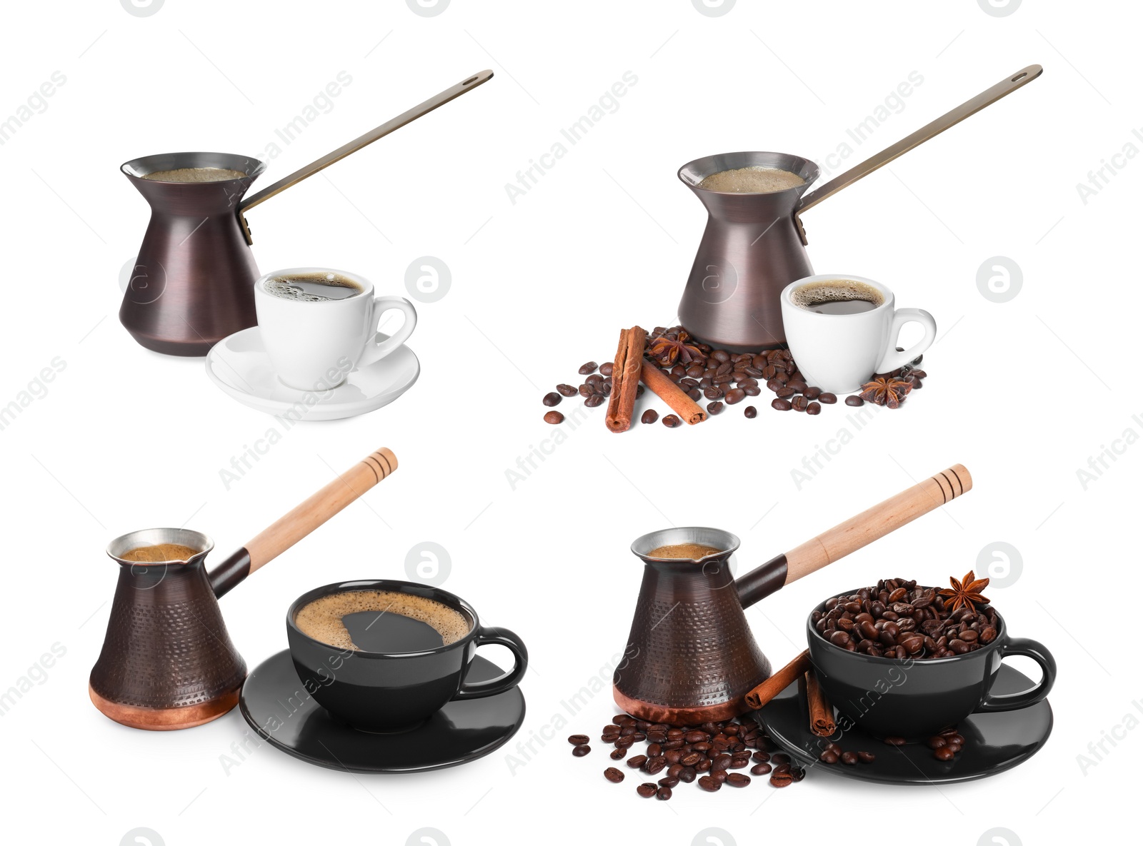 Image of Set with different turkish coffee pots (cezve) with hot coffee and beans on white background