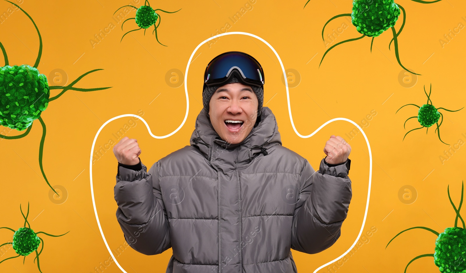 Image of Man with strong immunity surrounded by viruses on orange background, banner design