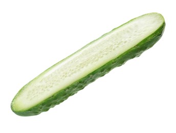 Photo of Half of fresh ripe cucumber on white background