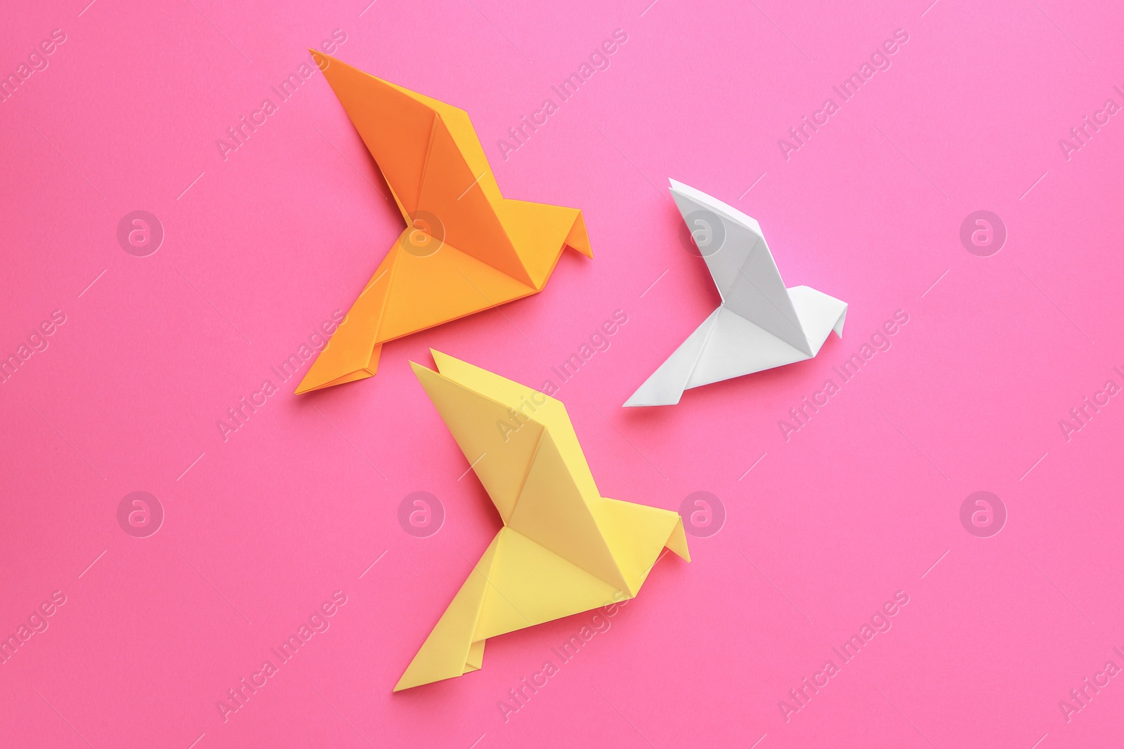 Photo of Beautiful colorful origami birds on pink background, flat lay