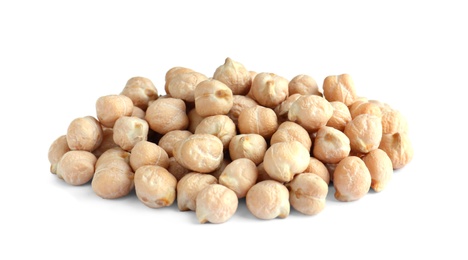 Photo of Pile of chickpeas on white background. Natural food