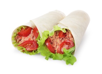 Delicious tortilla wraps with tuna isolated on white