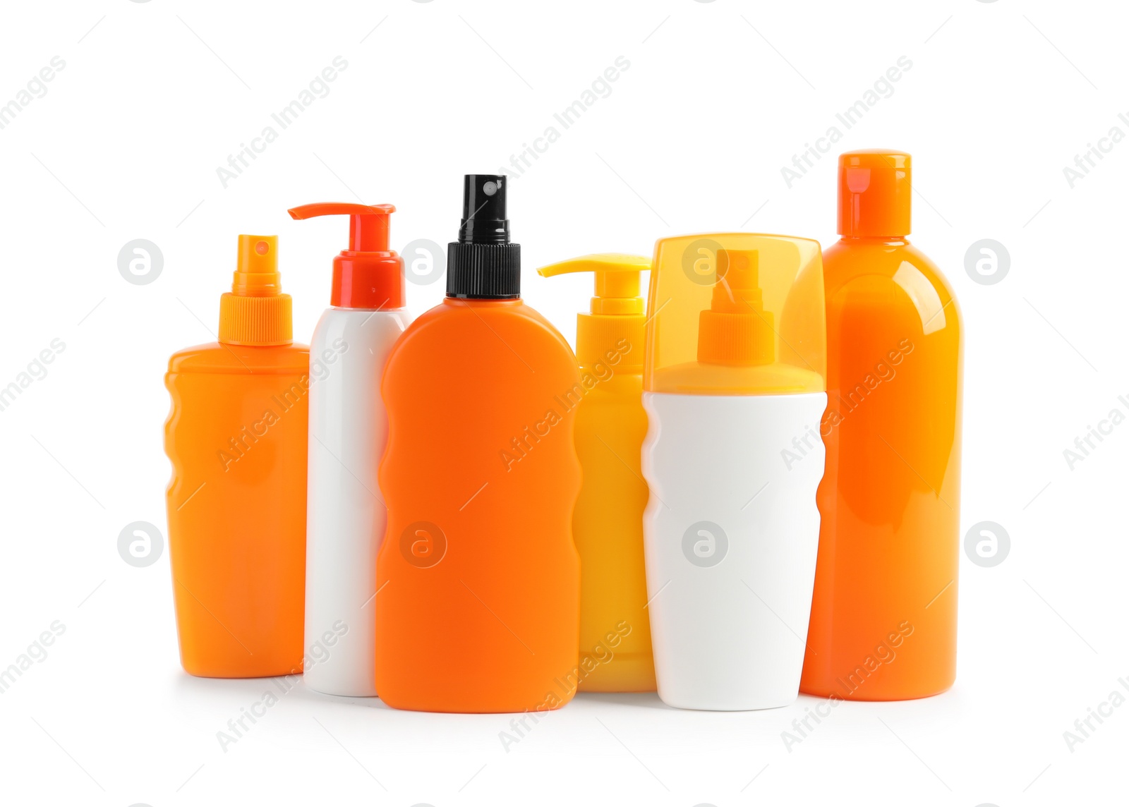 Photo of Sun protection products on white background. Body care