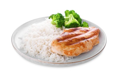 Photo of Plate with grilled chicken breast, rice and broccoli isolated on white