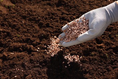 Man fertilizing soil, closeup. Space for text