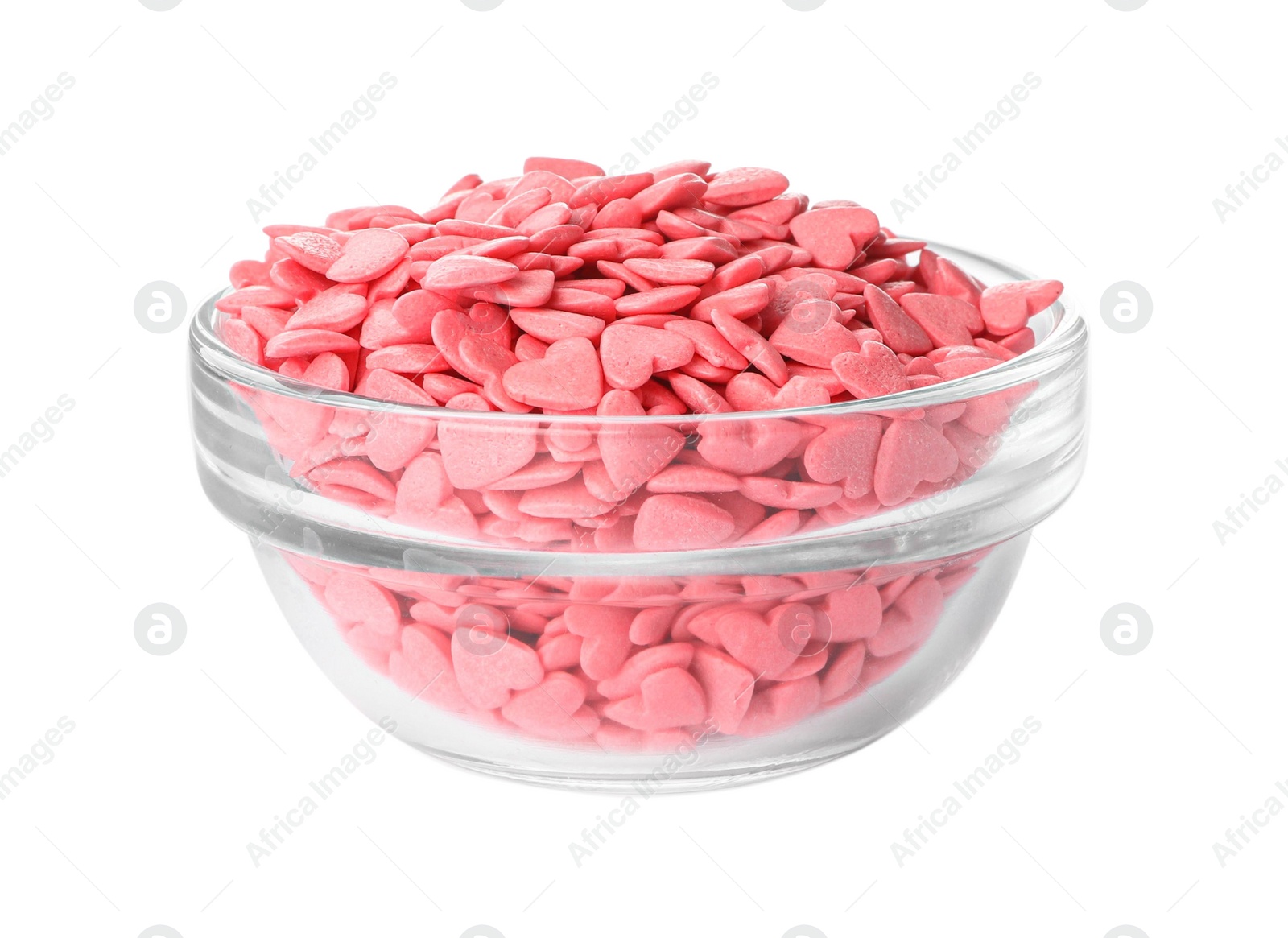 Photo of Sweet candy hearts in bowl on white background