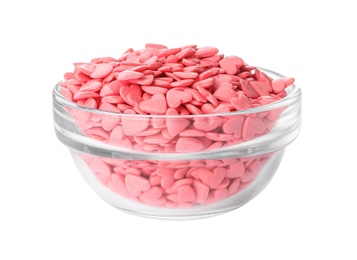 Sweet candy hearts in bowl on white background