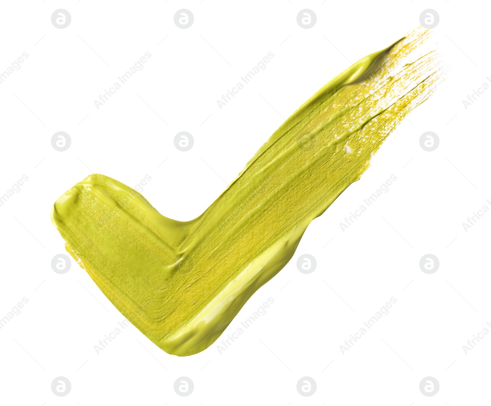 Photo of Smear of yellow paint on white background, top view
