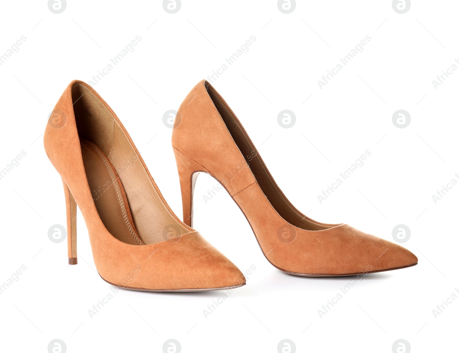 Photo of Pair of beautiful shoes on white background