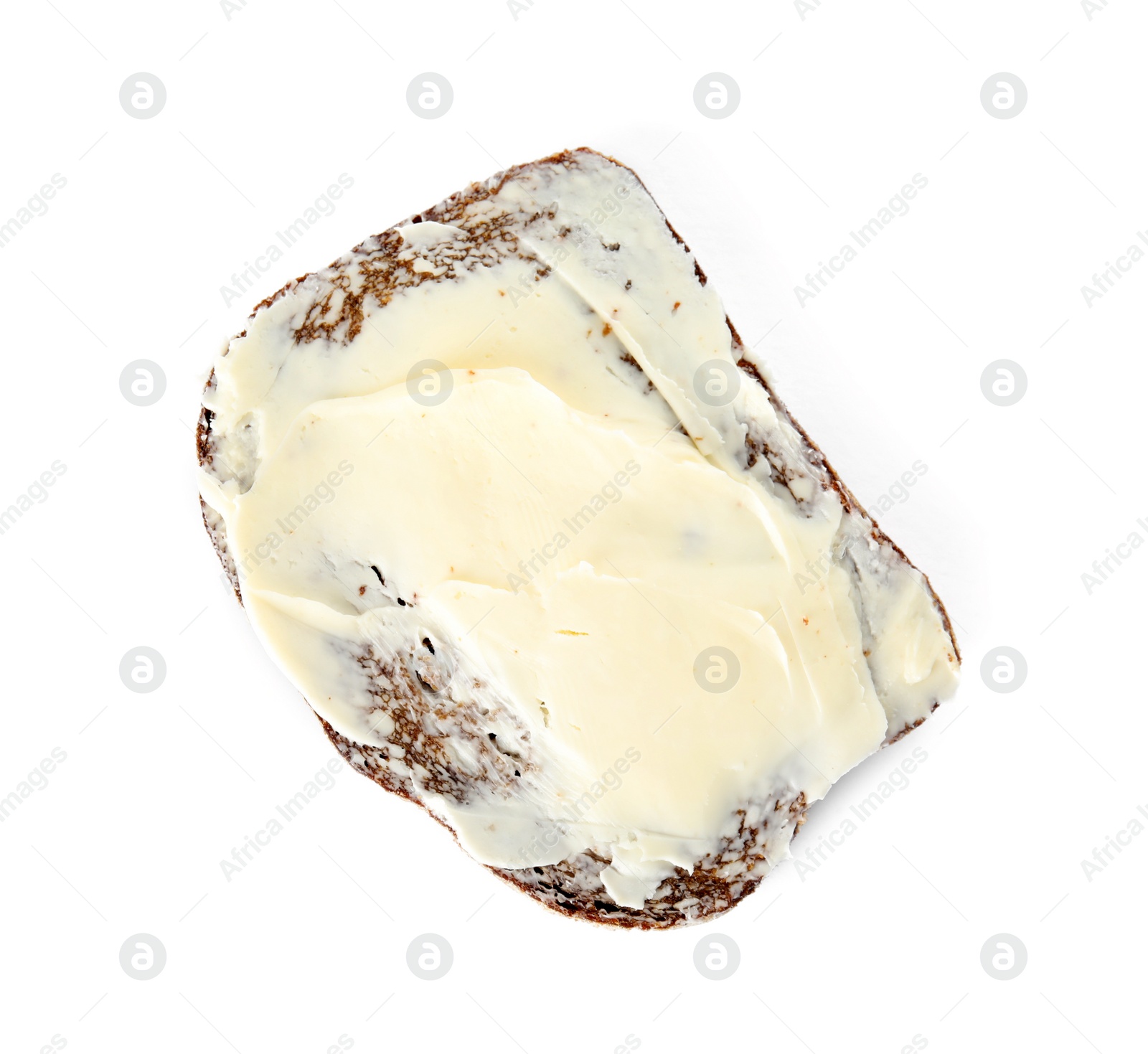 Photo of Slice of bread with butter isolated on white, top view