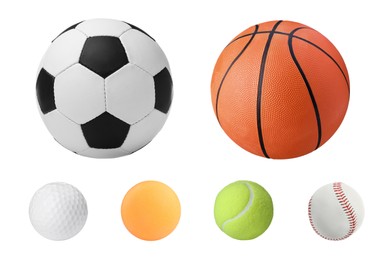 Image of Set with different sport balls on white background