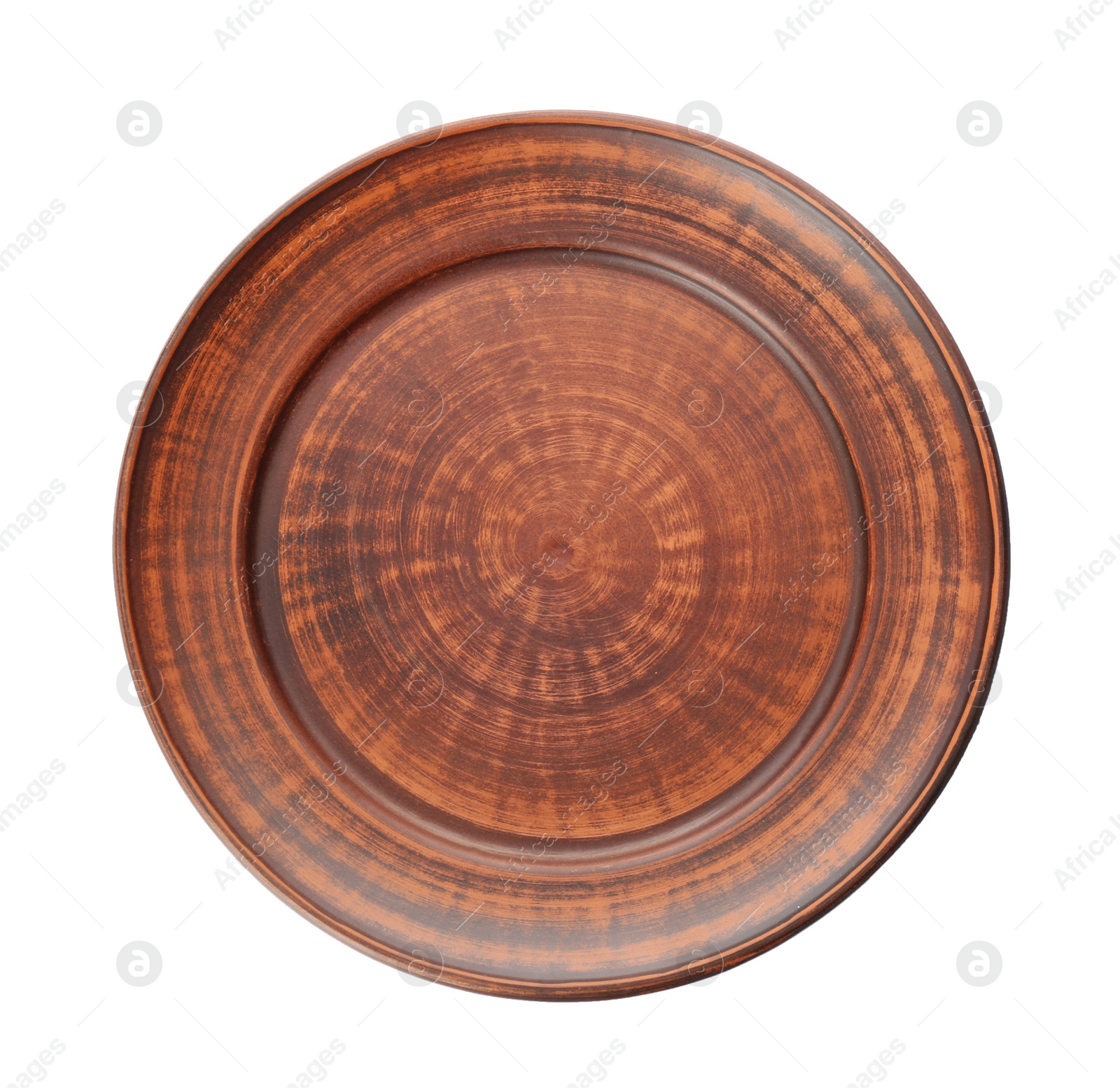 Photo of Brown clay plate isolated on white, top view