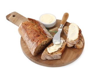 Photo of Tasty bread with butter and knife isolated on white