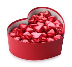 Photo of Heart shaped chocolate candies in box on white background