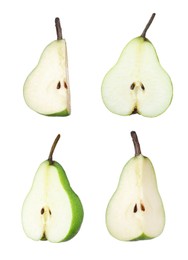 Image of Set with tasty ripe pears on white background 