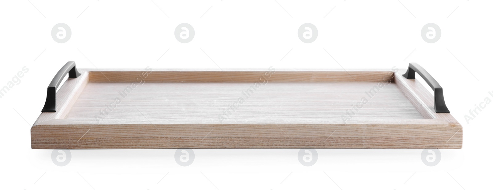 Photo of One empty wooden tray isolated on white