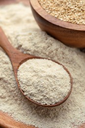 Photo of Wooden spoon with organic quinoa flour, closeup