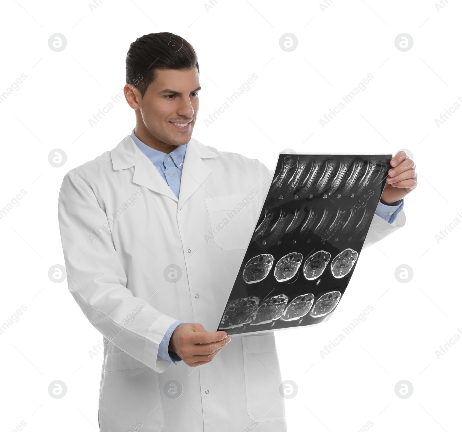 Photo of Orthopedist holding X-ray picture on white background