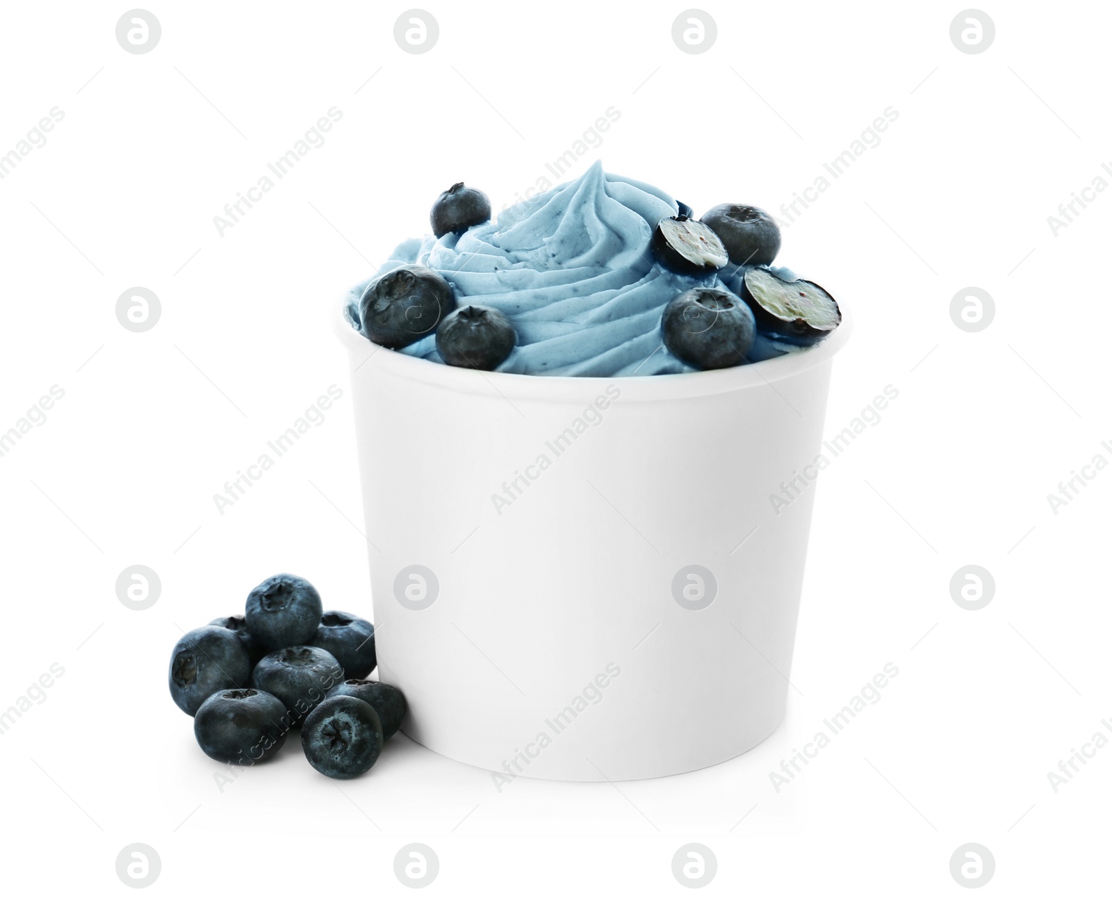 Photo of Cup of tasty frozen yogurt with blueberries on white background