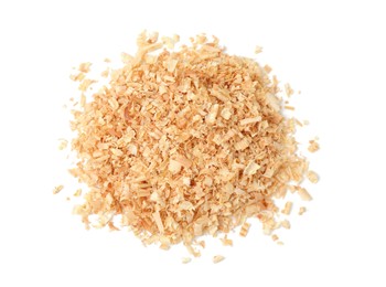 Photo of Pile of natural sawdust isolated on white, top view