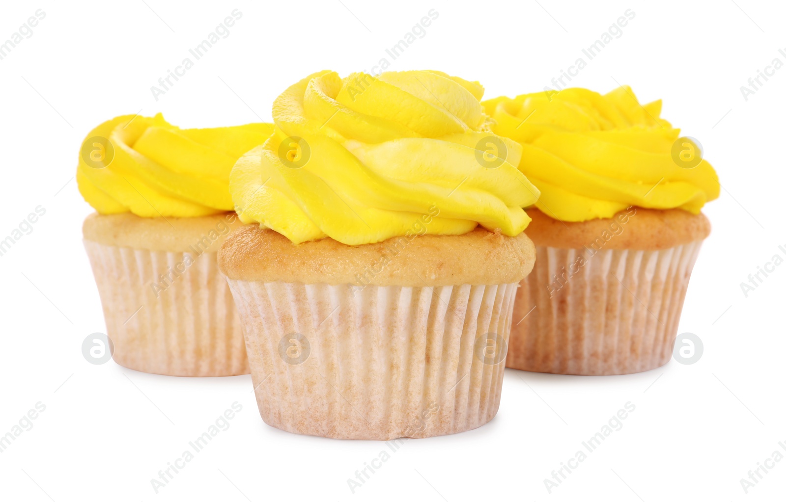 Photo of Delicious cupcakes with bright cream isolated on white