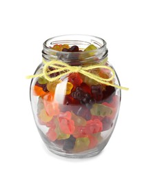 Photo of Delicious gummy bear candies in jar isolated on white