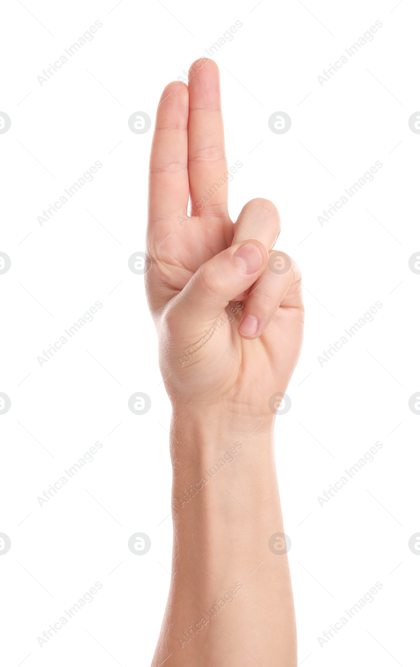 Photo of Man showing two fingers on white background, closeup of hand