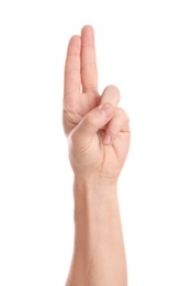 Man showing two fingers on white background, closeup of hand