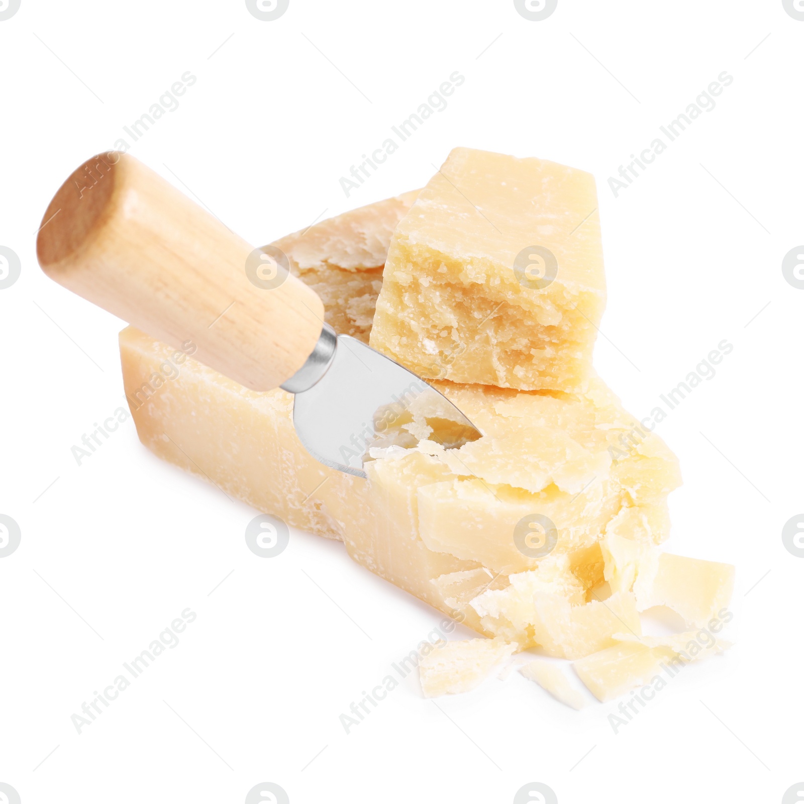 Photo of Delicious parmesan cheese and knife on white background