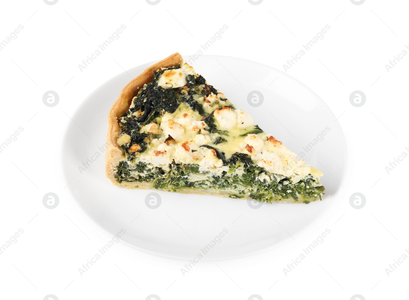 Photo of Piece of delicious homemade spinach quiche isolated on white