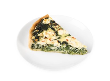 Photo of Piece of delicious homemade spinach quiche isolated on white