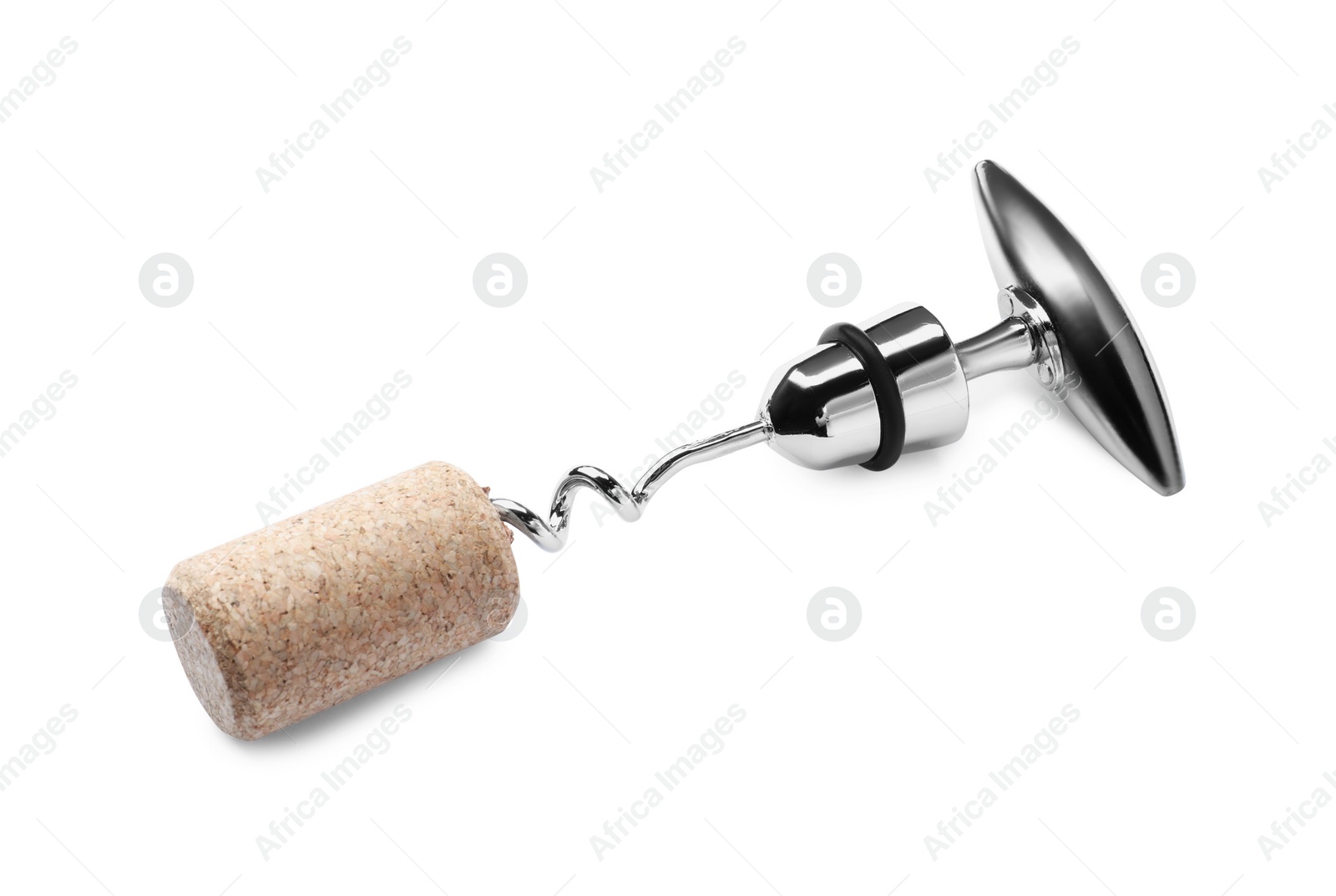 Photo of Corkscrew and wine bottle stopper isolated on white