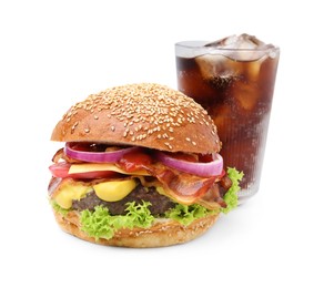 Photo of Delicious burger with bacon and soda drink isolated on white