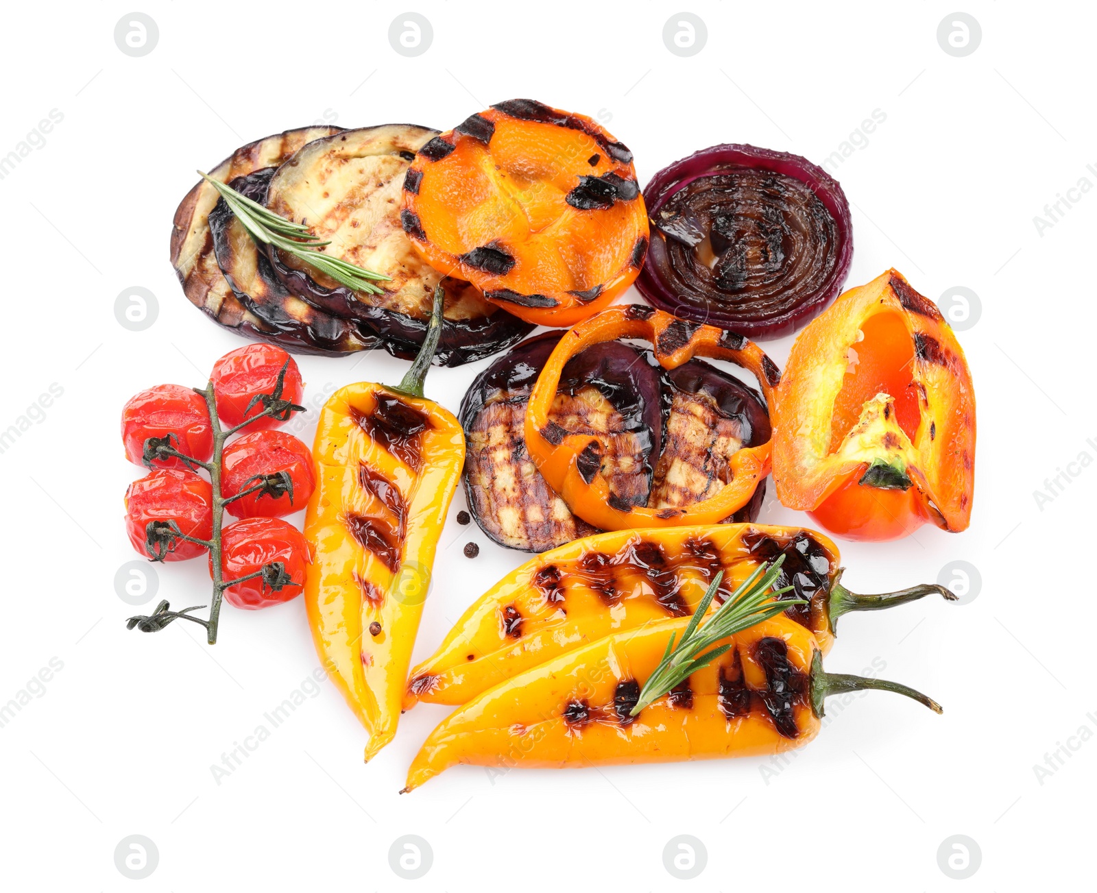 Photo of Different delicious grilled vegetables isolated on white, top view