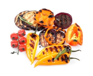 Different delicious grilled vegetables isolated on white, top view